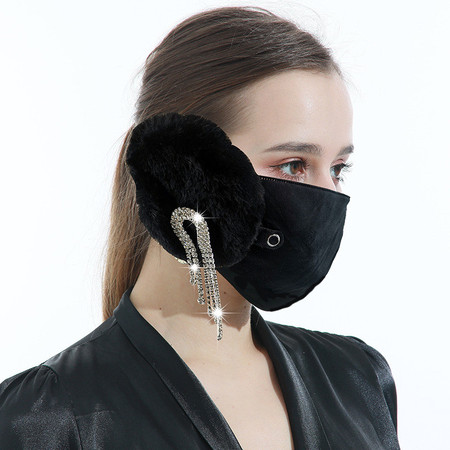 施悦名 欧美新款水钻装饰冬季加厚防寒保暖护耳朵口罩耳罩组合可拆卸佩戴