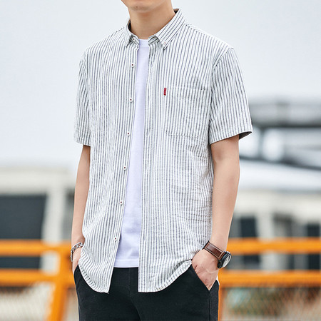 汤河之家 2021春夏男士短袖韩版潮流条纹宽松设计感长袖衬衣休闲衣图片