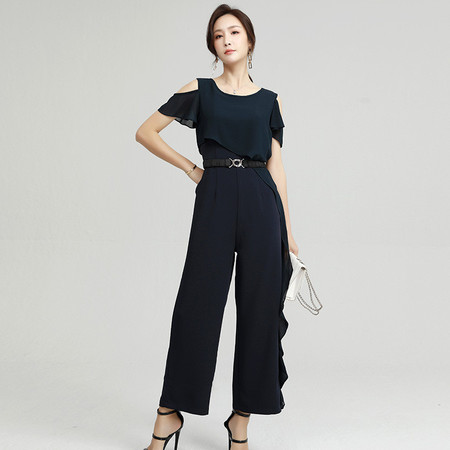 施悦名 2021夏季新款品牌女装韩版修身纯色圆领短袖荷叶边气质通勤连体裤
