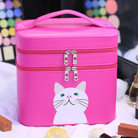 小童马 手提大容量双层化妆箱 韩版可爱小猫化妆品收纳箱旅行便携化妆包图片