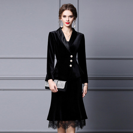 施悦名 金丝绒套装2021年新款女装黑色长袖收腰西服蕾丝鱼尾裙两件套