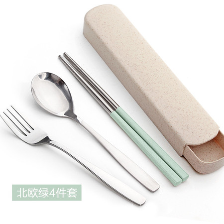 不锈钢筷子勺子套装叉子盒装学生餐具三件套F0