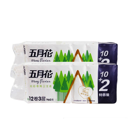 五月花卷纸妇婴系列三层无芯卷筒纸长卷80g/卷12卷纸巾 2提共24卷  包邮