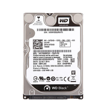 西部数据(WD)黑盘 750G 7200转16M SATA6 笔记本硬盘(WD7500BPKX)图片