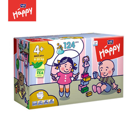 彩盒2包装Bella Baby Happy贝拉婴儿纸尿裤/尿不湿/尿片4+号124片