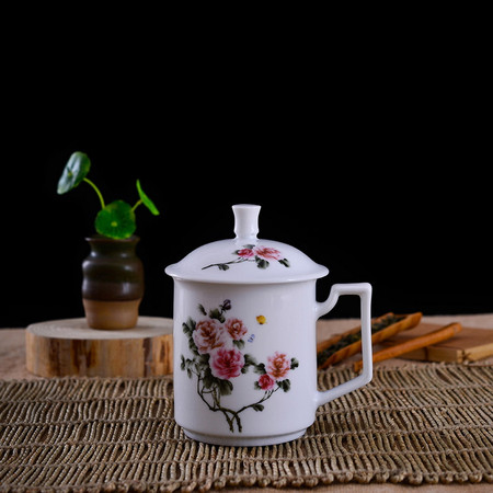 瓷拍 景德镇陶瓷器茶杯带盖创意商务办公杯子戚培才吉祥如意牡丹