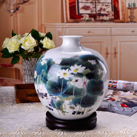 瓷拍 景德镇陶瓷创意花瓶客厅瓷器摆件喻继高荷香鸭肥瓷瓶装饰品图片