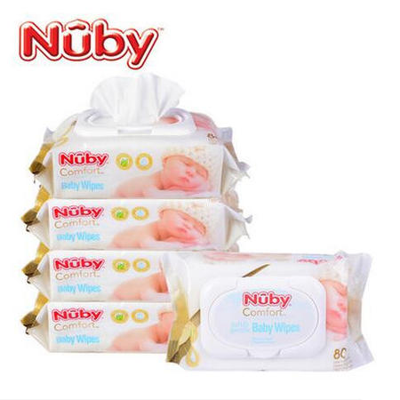 nuby/努比 婴儿湿巾新生儿柔湿巾带盖洁肤专用湿巾80抽5包