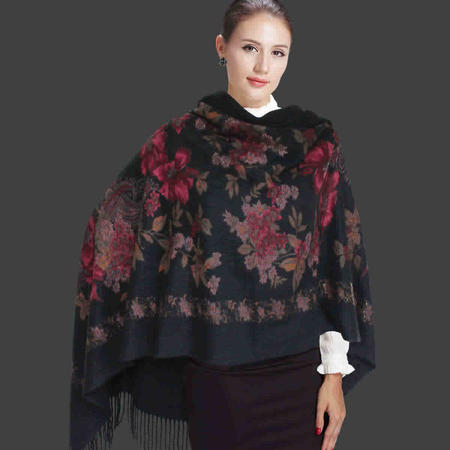 唐帛 秋冬新品女士羊毛围巾长款羊毛披肩黑色围巾（160980150）包邮