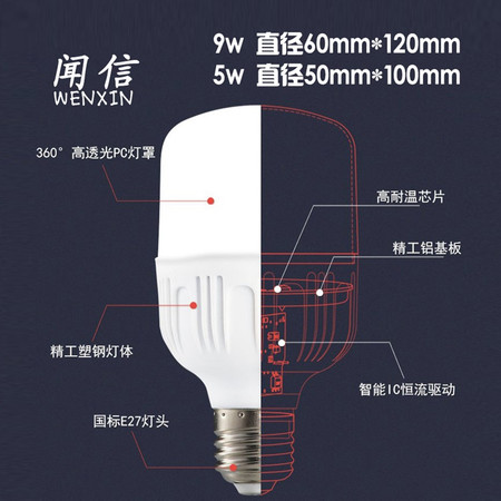 闻信 超亮护眼LED节能灯泡1*9W+1*5W 组合装 进口灯芯 E27螺旋灯头 白光图片