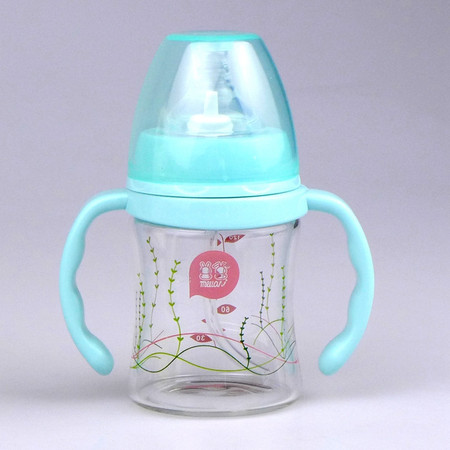 美啦美啦炫彩玻璃宽口腰形有柄奶瓶ML-1515婴儿学饮杯玻璃水杯防漏宝宝吸管杯图片