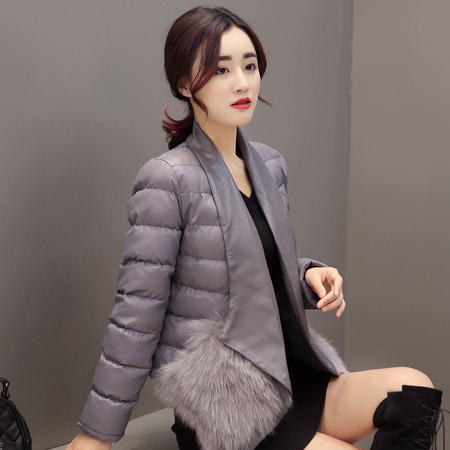 JEANE-SUNP冬装新款时尚短款棉衣女个性毛口袋名媛气质羽绒棉服短棉袄外套潮