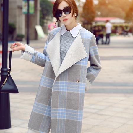 JEANE-SUNP2016冬装新款韩版羊羔毛格子外套女装中长款直筒显瘦加厚呢子大衣