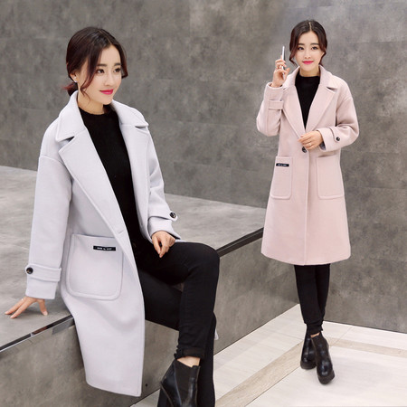 JEANE-SUNP2016韩版冬装中长款修身显瘦毛呢大衣外套呢子外套潮图片