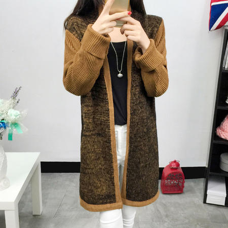 JEANE-SUNP2016春装新品中长款撞色拼接针织开衫女式韩版长袖直筒插肩袖毛衣