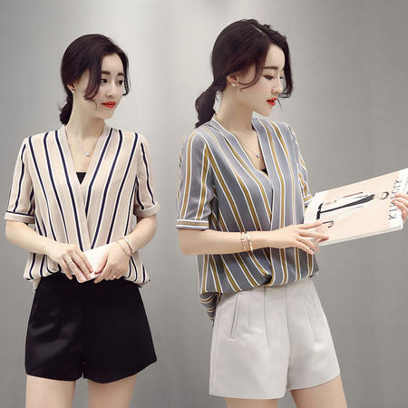 JEANE-SUNP2016夏季新款时尚套装韩版名媛条纹雪纺衫休闲热裤短裤两件套