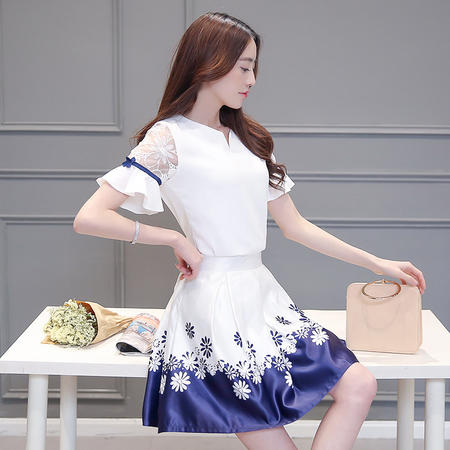 JEANE-SUNP2016新款夏季女装圆领拼接短袖优雅韩版印花连衣裙
