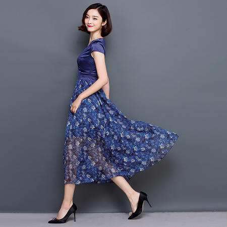 JEANE-SUNP2016夏季新款韩版女装印花圆领短袖收腰蚕丝时尚连衣裙图片