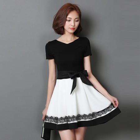 JEANE-SUNP2016夏季新款韩版女装时尚修身显瘦短袖黑衣白裙连衣裙图片
