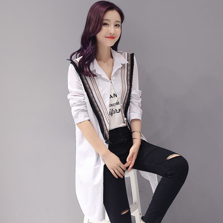 JEANE-SUNP2016年秋季韩版时尚中长款纯色POLO领长袖衬衫