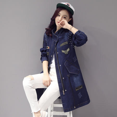 JEANE-SUNP2016年秋季拉链中长款长袖修身牛仔韩版风衣图片