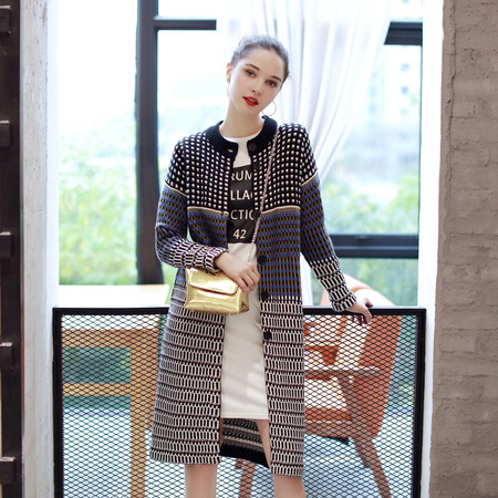 JEANE-SUNP2016年秋季时尚女装韩版长袖中长款花色针织衫图片