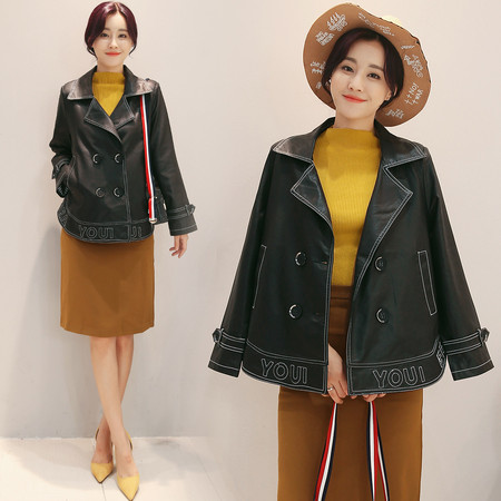 JEANE-SUNP 韩版时尚中长款双排扣皮风衣女式皮尤外套宽松遮肉显瘦皮衣女