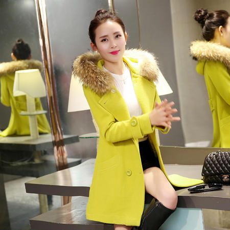 JEANE-SUNP 2016冬季新款韩版大码女装毛呢外套中长款修身双排扣连帽呢子大衣图片