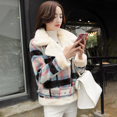 JEANE-SUNP 冬装新款羊羔毛短款毛呢外套女韩版加厚修身配毛领外套女短款显瘦