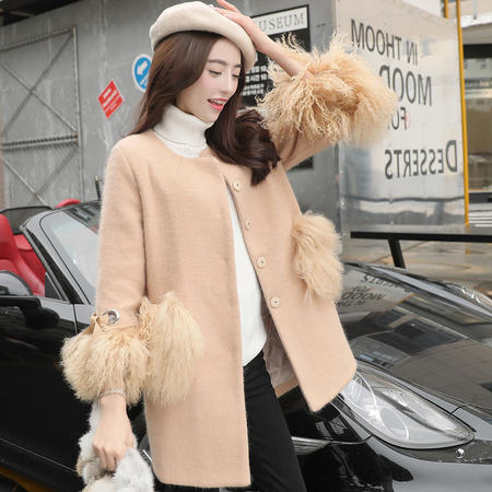 JEANE-SUNP 2016韩版通勤圆领驼色修身毛呢配口袋七分袖滩羊毛中长款外套图片