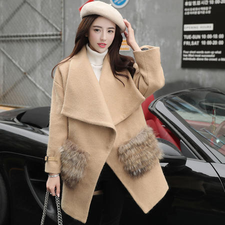 JEANE-SUNP 2016冬季韩版大翻领大码毛呢外套中长款宽松加厚羊毛呢子大衣女装图片