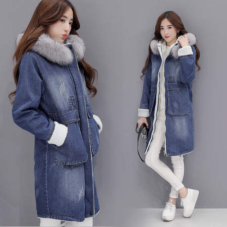 JEANE-SUNP 牛仔棉衣外套女中长款韩版冬装大毛领羊羔毛大码加厚加绒大衣潮图片