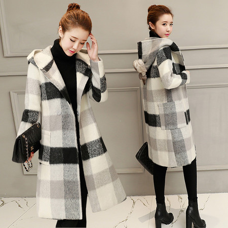 JEANE-SUNP 秋冬时尚韩版修身格子呢子大衣女中长款显瘦毛呢外套图片