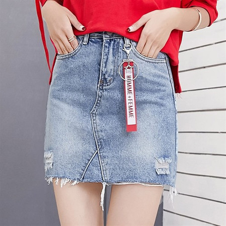 JEANE-SUNP 夏季气质韩版百搭口袋纯色磨白拉链牛仔裙图片