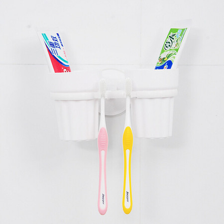 红兔子 超强无痕吸盘牙刷架牙膏挂卫生间浴室置物架 带两个牙刷杯漱口杯图片