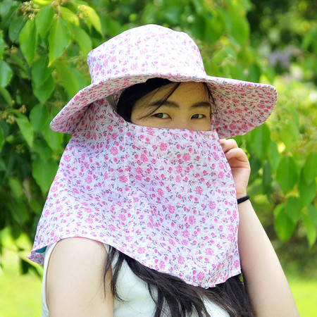 户外防紫外线遮阳帽 采茶帽--粉色小碎花