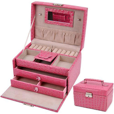 开馨宝PU方形三层大容量首饰盒/饰品收纳盒-粉色（K8524-3）