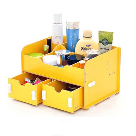 实用二代A款双抽屉木质收纳盒/化妆盒--黄色