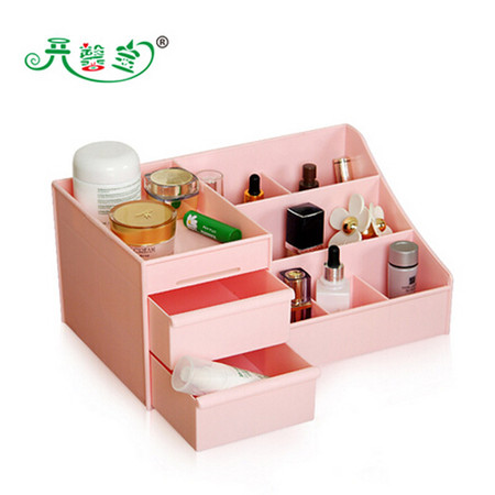 开馨宝双抽屉桌面化妆品收纳盒－粉色（K8247-3）图片
