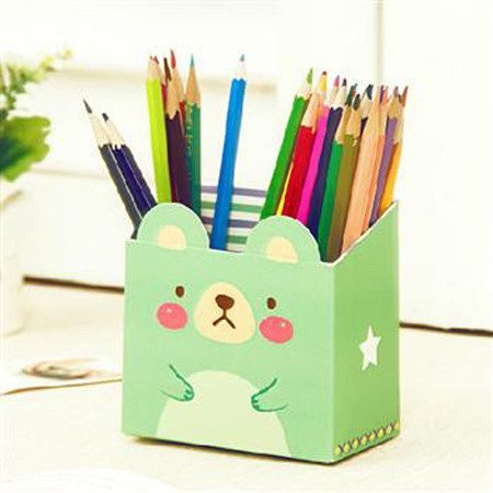 畸良DIY可爱动物桌面收纳盒桌面笔筒纸质文具收纳盒（绿色）
