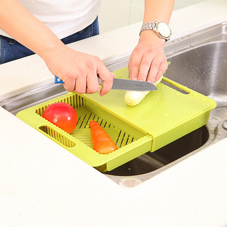 可滑动厨房沥水二合一切菜板 置物架（绿色）图片