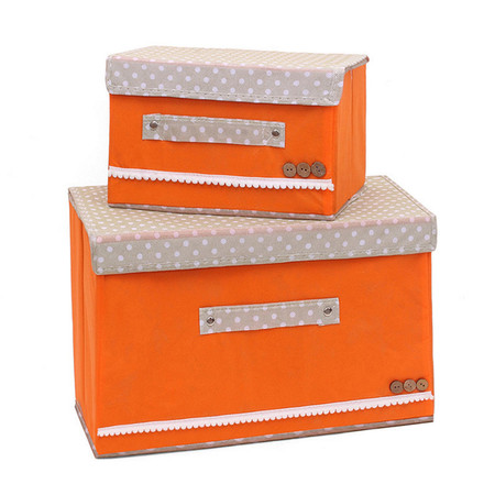 优芬 彩色大小两件套扣扣收纳箱日式收纳盒无纺布储物箱 桔色 。