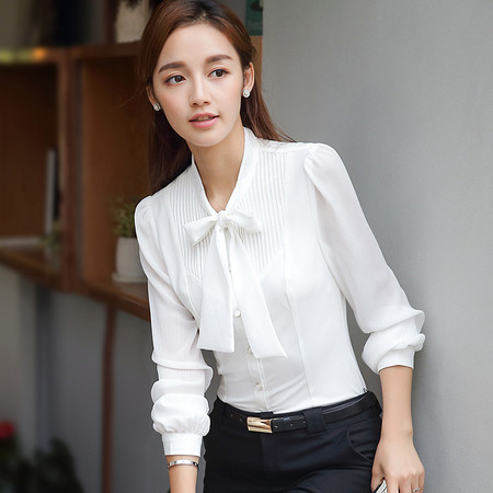 ZLS2017春装新款韩版女装白色雪纺衫牙签折长袖系带衬衫女短上衣图片