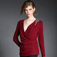 蒂妮佳  新品欧美性感V字领镶钻打底红色长袖上衣女式T恤 D7709