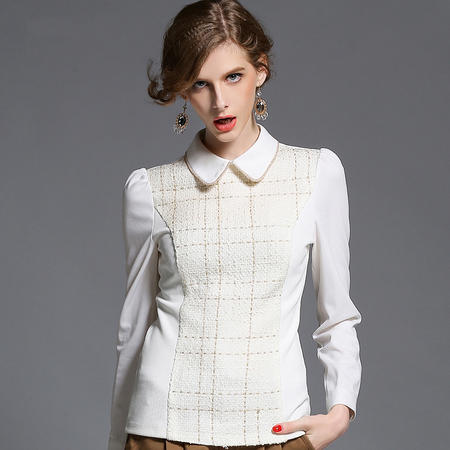 蒂妮佳  欧美时尚白色格纹长袖薄款拼接打底女式衬衫 D7700