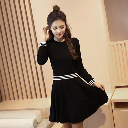 2017新款韩版秋季时尚大码显瘦气质黑色条纹中长款连衣裙女裙