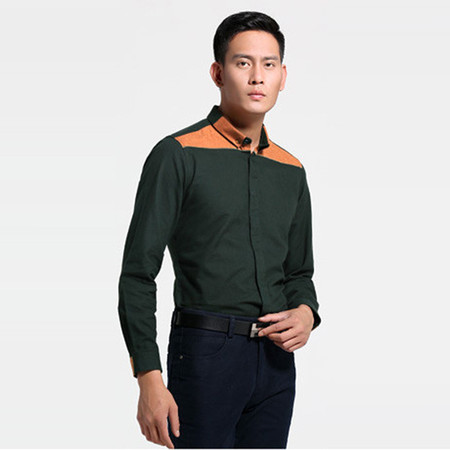 男士长袖衬衫秋季男式磨毛拼接衬衣修身韩版衬衫