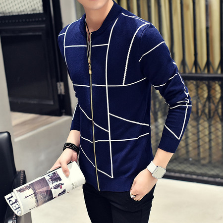 男韩版潮春秋季青年立领拉链针织衫男士针织开衫外套线衣图片