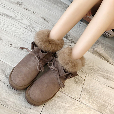 18冬季新款靴子女鞋厚底平跟圆头人造长毛绒短筒靴荷叶毛毛雪地靴