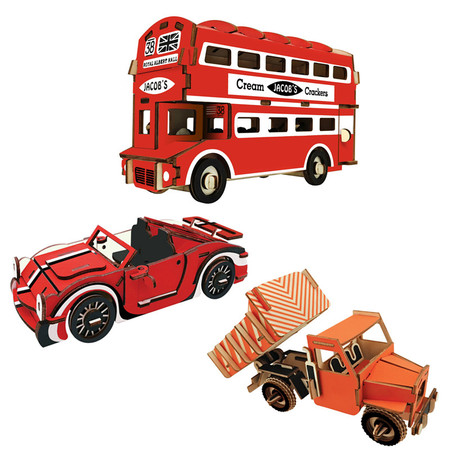 （3套装）馨联  3D立体拼插玩具木质木制拼图交通运输汽车双层巴士/烈火战车/自卸车图片
